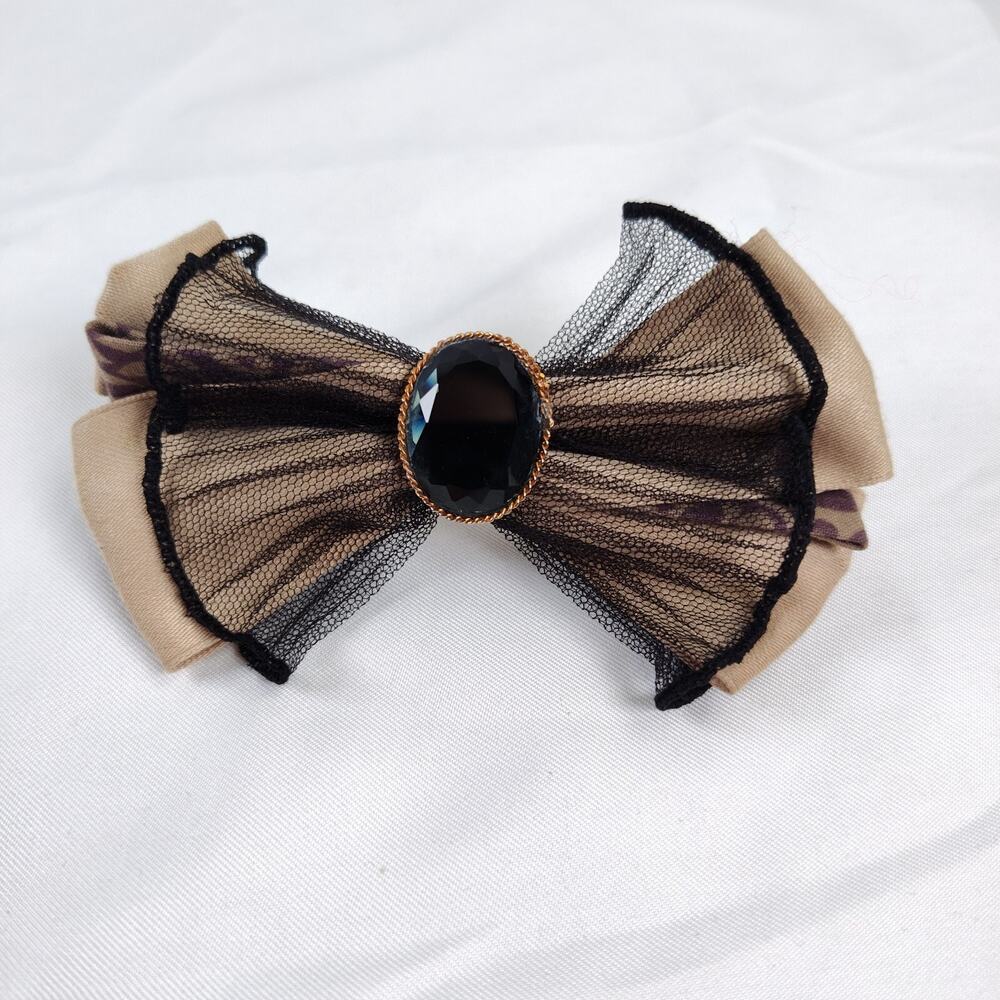 Vintage Dark Romantic Tulle Bow Barrette Made in France Glass Stone